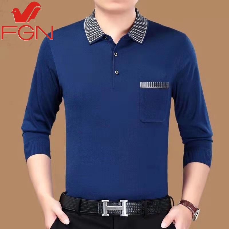 ♛̅Fuguiniao Áo thun cotton dài tay cổ bẻ màu trơn cỡ lớn thời trang xuân thu cho nam trung niên
