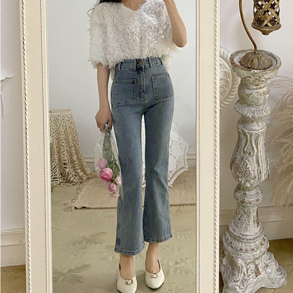 Quần jeans lưng cao phong cách retro Hong Kong cho nữ