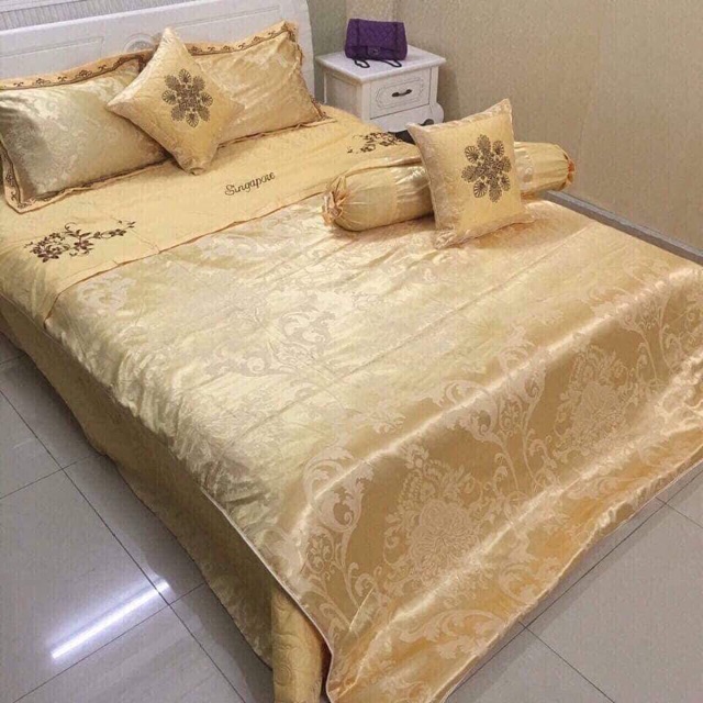 Gấm lụa Singgapo -CHĂN GA GỐI GẤM LỤA TRẦN BÔNG CAO CẤP - Bộ 5 Chi Tiết kèm Túi Đựng cao cấp