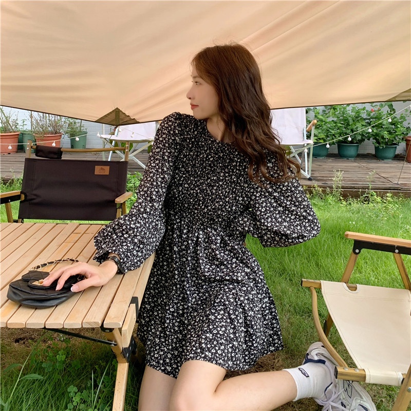 Đầm mini tay dài dáng rộng in họa tiết hoa phong cách Hàn Quốc thời trang sang trọng cho nữ Xiaozhainv