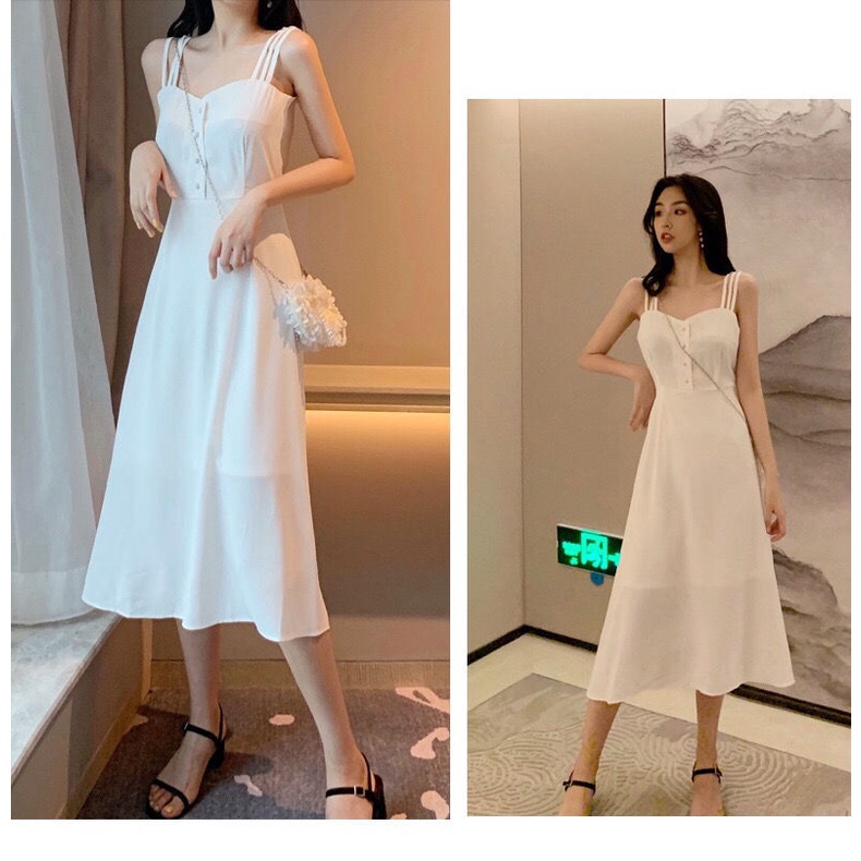 Váy đầm 2 dây, đầm xuông - chất đũi lụa trơn basic nữ , hai màu trắng đen