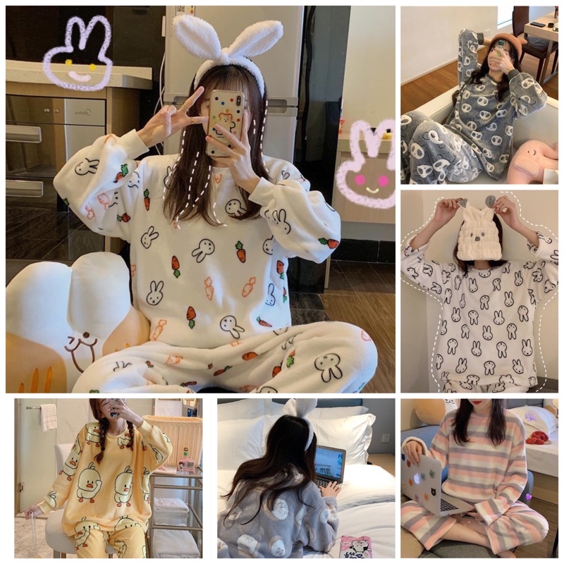 Bộ ngủ lông cute giữ nhiệt cực ấm, Bộ ngủ mùa đông đáng yêu chất lông mềm nhẹ