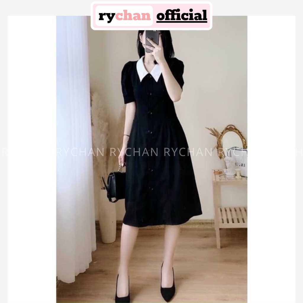 Đầm Nữ Dự Tiệc Sang Trọng Dáng Dài Cổ Trắng Nút Trước Tay Ngắn Bo Eo Cực Thanh Lịch Màu Nude Đen - DX9789