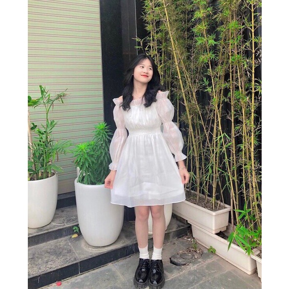 Váy Babydoll Trễ Vai Nữ MEESTORE - Đầm Mini Voan Trắng Dài Tay Phong Cách Vintage Siêu Xinh