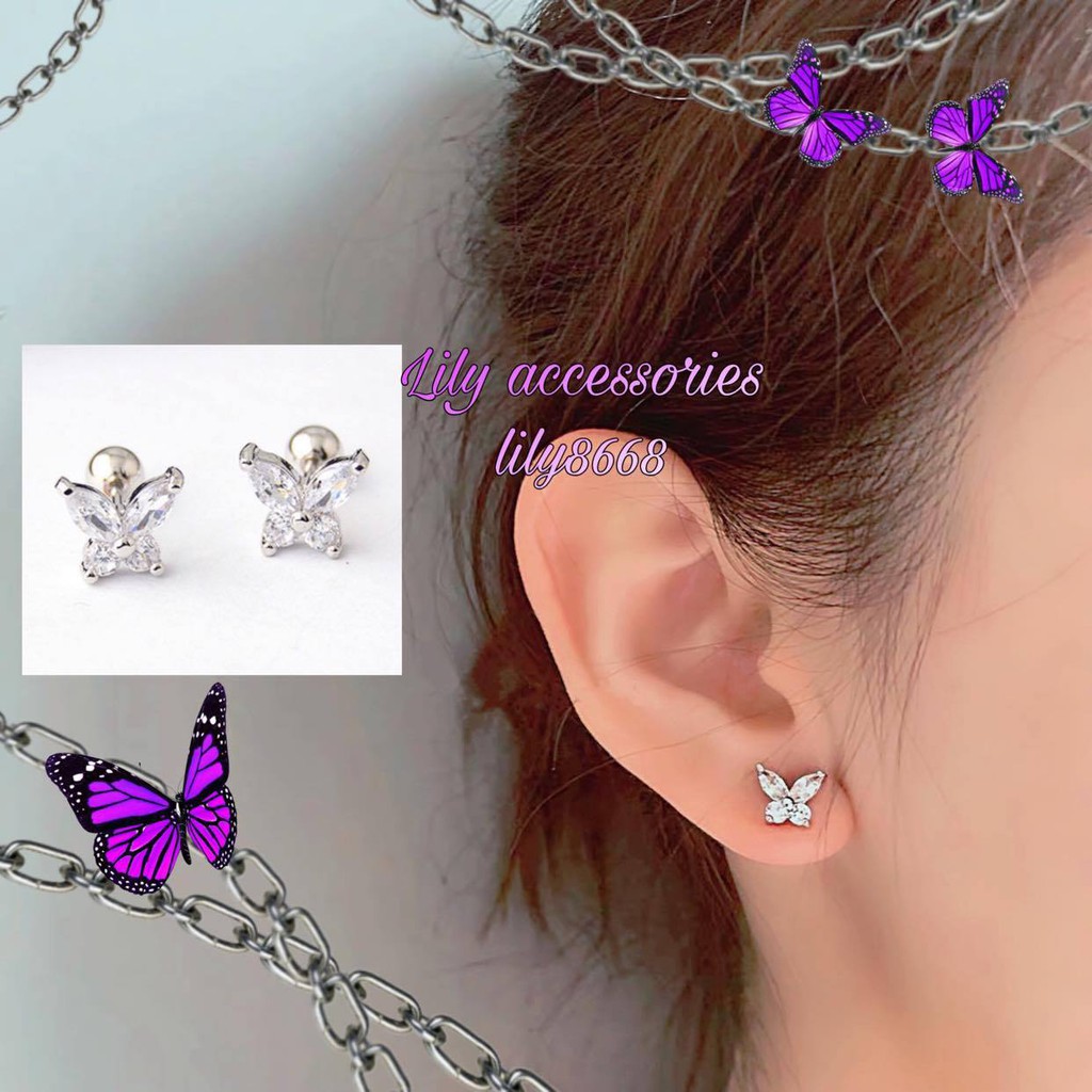 Butterfly Earring khuyên tai titan hình con bướm đính đá không gỉ không đen không dị ứng