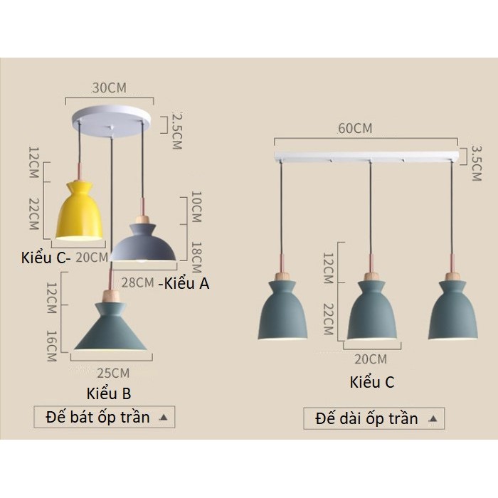 Bộ 3 đèn thả trần chao nhôm đuôi gỗ ABC, đèn thả trần trang trí 3TGB