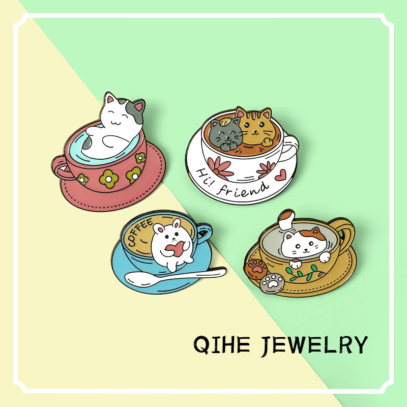 Ghim cài áo QIHE JEWELRY trang trí hình mèo đáng yêu