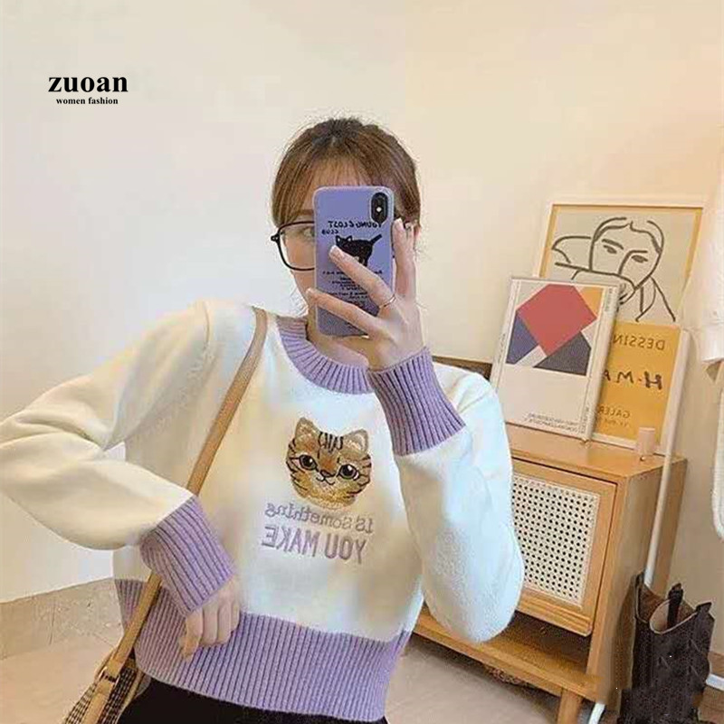 Áo dệt kim nữ SUXI dài tay cổ tròn thời trang hàn