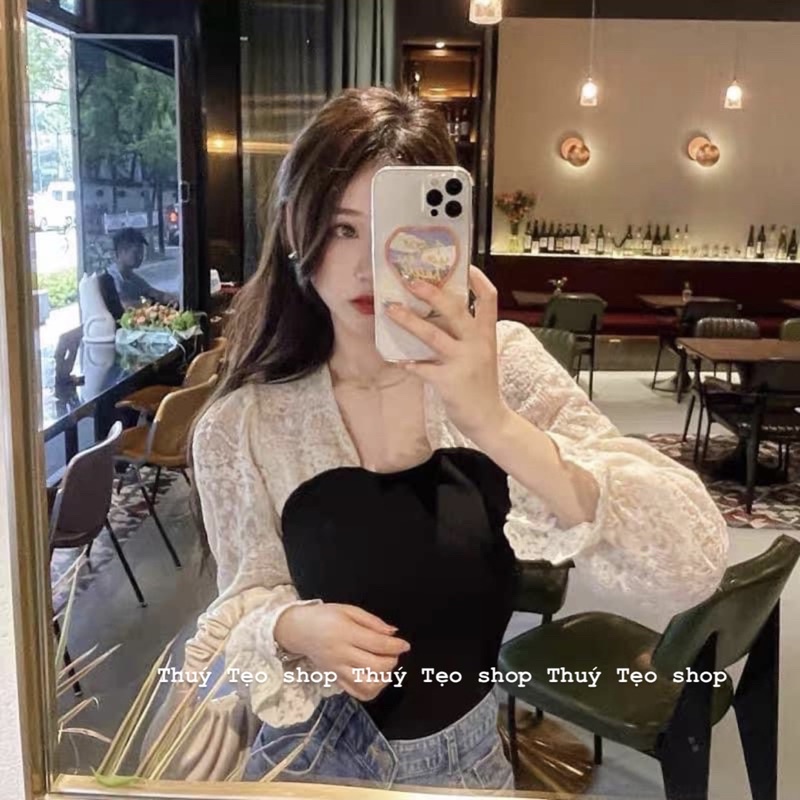 [Hàng sẵn] Áo kiểu tiểu thư thun tăm phối tay ren xoè ullzang