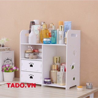 Kệ tủ gỗ mini để đồ mỹ phẩm trên bàn trang điểm có 2 ngăn kéo họa tiết bàn chân chó cún xinh GD681