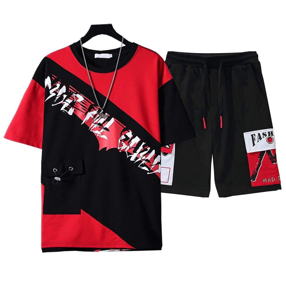 Bộ Quần Áo Thun Nam Thể Thao Mùa Hè Ngắn Tay Phối Quần Short Túi Hộp Hai Màu Đỏ Đen SET NAM 90000102