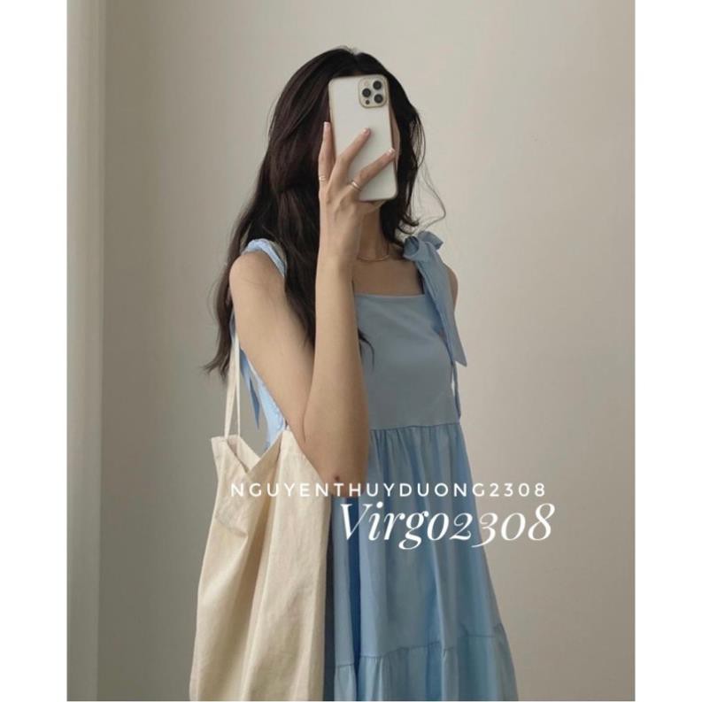 [Ảnh thật/Sẵn]Váy thô đũi dáng babydoll 2 dây nơ vai/Đầm thô đũi babydoll