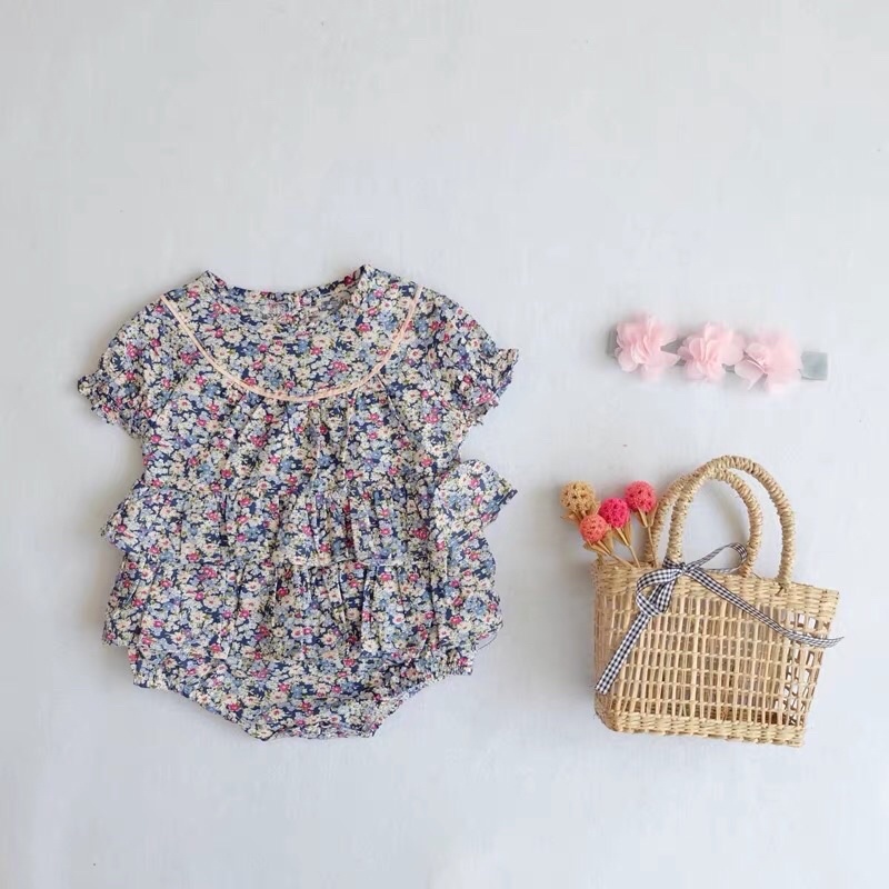 Body váy hoa xanh nhí công chúa cho bé gái 0-2 tuổi tặng kèm băng đô