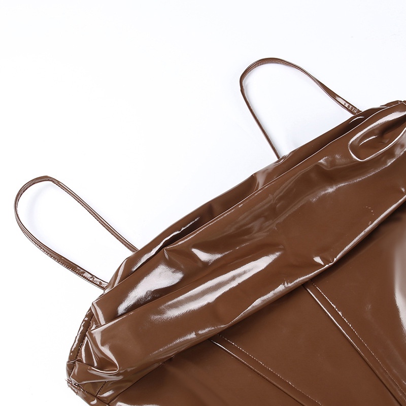 DUNEA Áo Tank Top Da PU Xếp Li Hở Lưng Phối Khóa Kéo Trẻ Trung Quyến Rũ Dành Cho Nữ