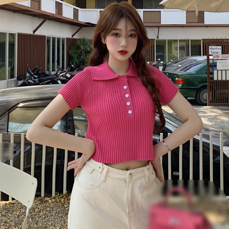 Áo Thun Dệt Kim Ngắn Tay Cổ Bẻ Màu Trơn Thời Trang Cho Nữ