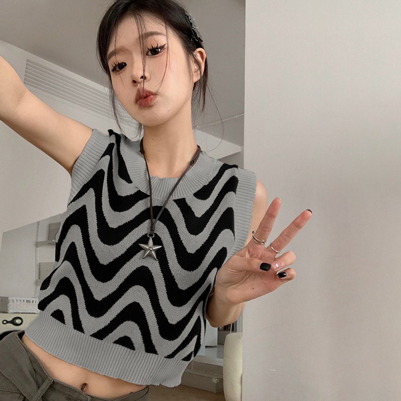 Áo Sweater Dệt Kim Sát Nách Mềm Mại Cổ Tròn Kẻ Sọc Gợn Sóng Kiểu Hàn Quốc Cho Bạn