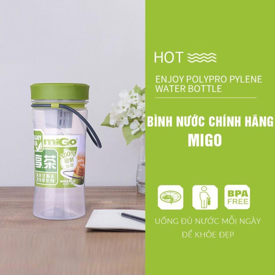 Bình đựng nước, bình nước bằng Nhựa BPA FREE MIGO Cao cấp - 1522 - An toàn, trong suốt, có rây lọc, quai xách