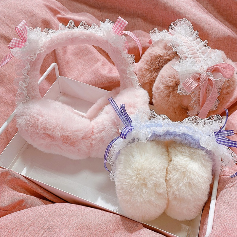 Youyo Chụp Tai Vải Lông Cừu Phối Ren Đính Nơ Phong Cách Lolita