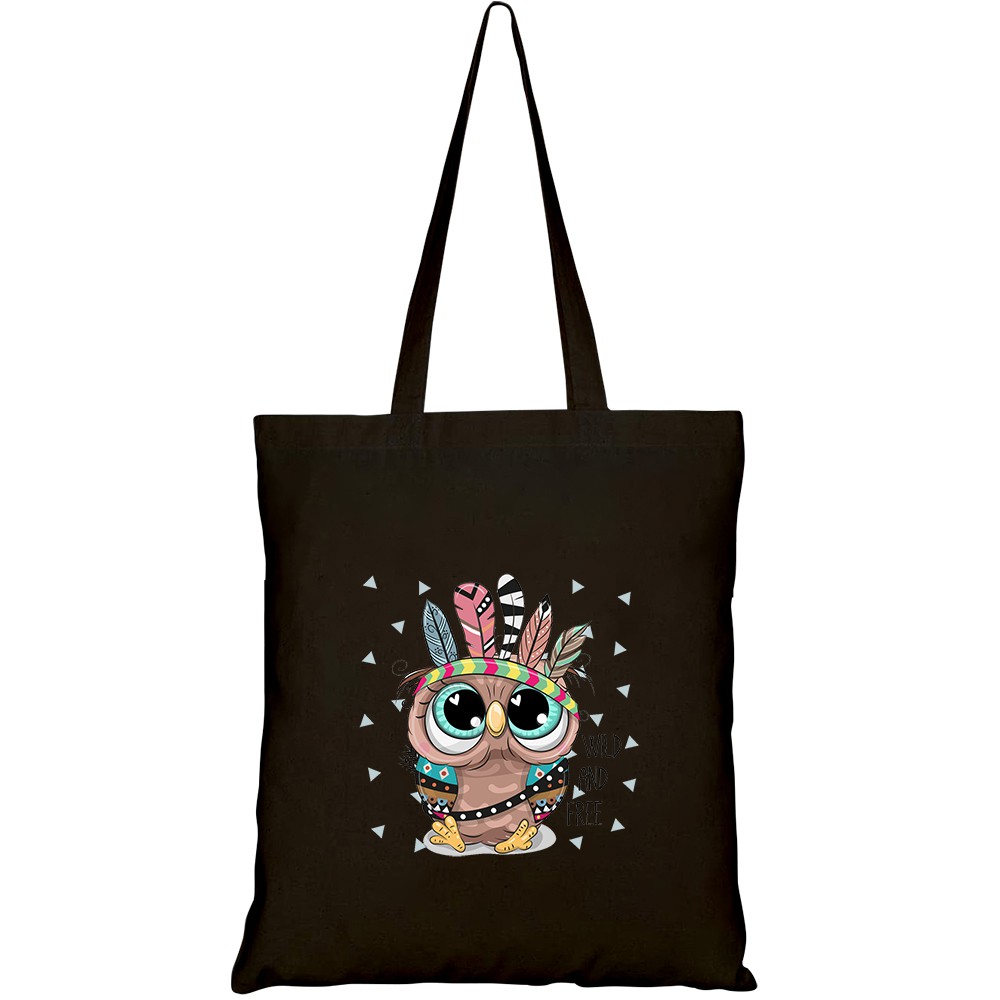 Túi vải tote canvas HTFashion in hình cute cartoon tribal owl feathers HT352