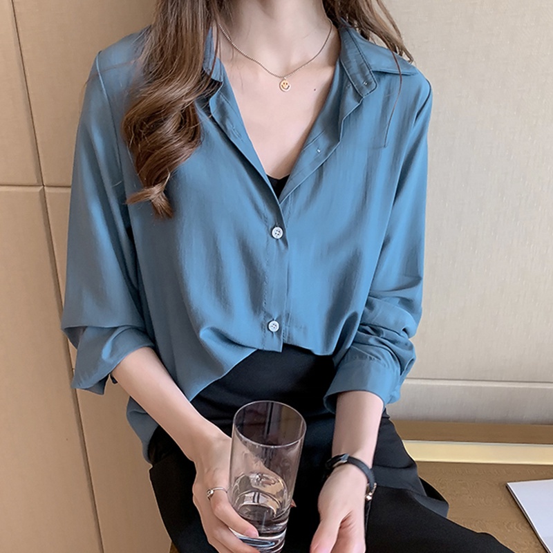 Áo Sơ Mi Tay Dài Dáng Rộng Màu Trơn Thiết Kế Mới Thời Trang Theo Phong Cách Hàn Quốc