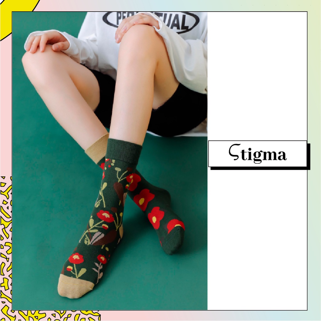 Tất Cao Cổ Lệch Nữ Nam hoạ tiết hình phong cách Vintage vớ độc lạ - stigma