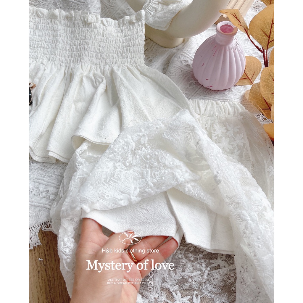 Set bộ váy maxi trắng đi biển phối ren siêu yêu cho bé S4BT9