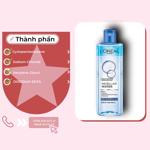 Nước Tẩy Trang Dành Cho Mọi Loại Da L'Oreal Paris 3-in-1 Micellar Water 400ml NTT1893