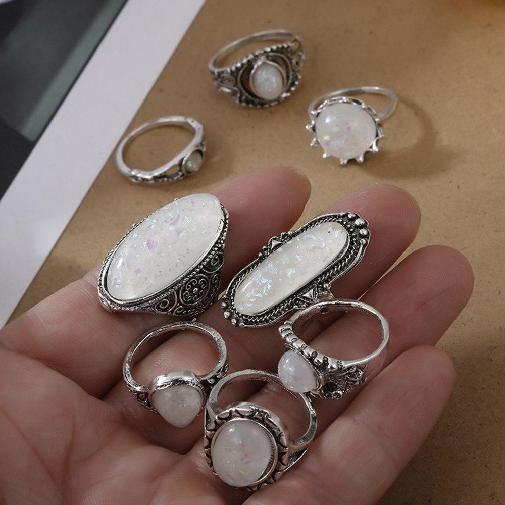 Bộ 8 Nhẫn Hợp Kim Đính Đá Opal Cho Nữ|Điêu Khắc|Trang Sức Vòng Cổ Màu Sắc Bohemian