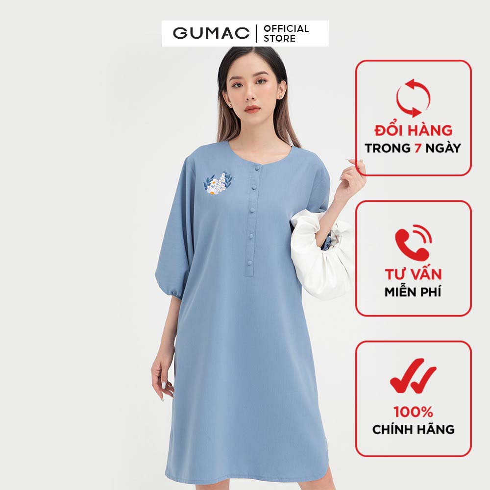 Đầm suông nữ thêu tay lỡ GUMAC màu xanh thanh lịch, sang trọng DB448