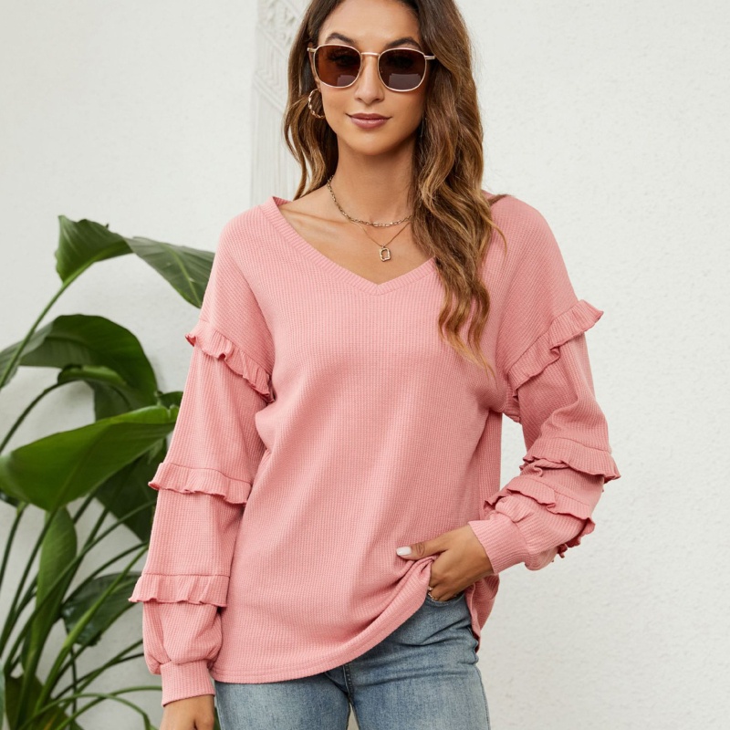 Xiangbao Áo Sơ Mi Tay Dài Phồng Cổ Chữ V Phối Bèo Thanh Lịch Dễ Phối Đồ Cho Nữ