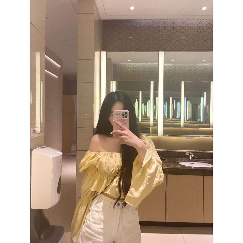 Ahoyeap Áo sơ mi tay dài phồng hai trong một dáng ngắn thiết kế cá tính thời trang xuân thu