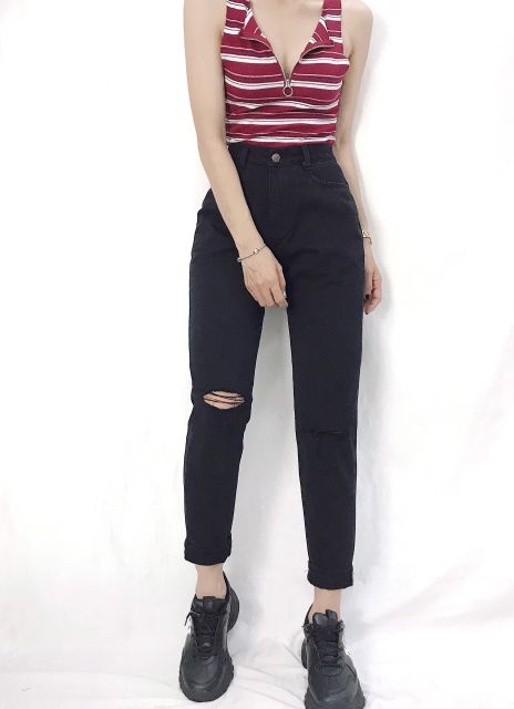 [SIZE ĐẠI 26- 36] Baggy Jean Đen Trơn - Rách gối - Lưng Cao TRÊN RỐN - Form siêu đẹp