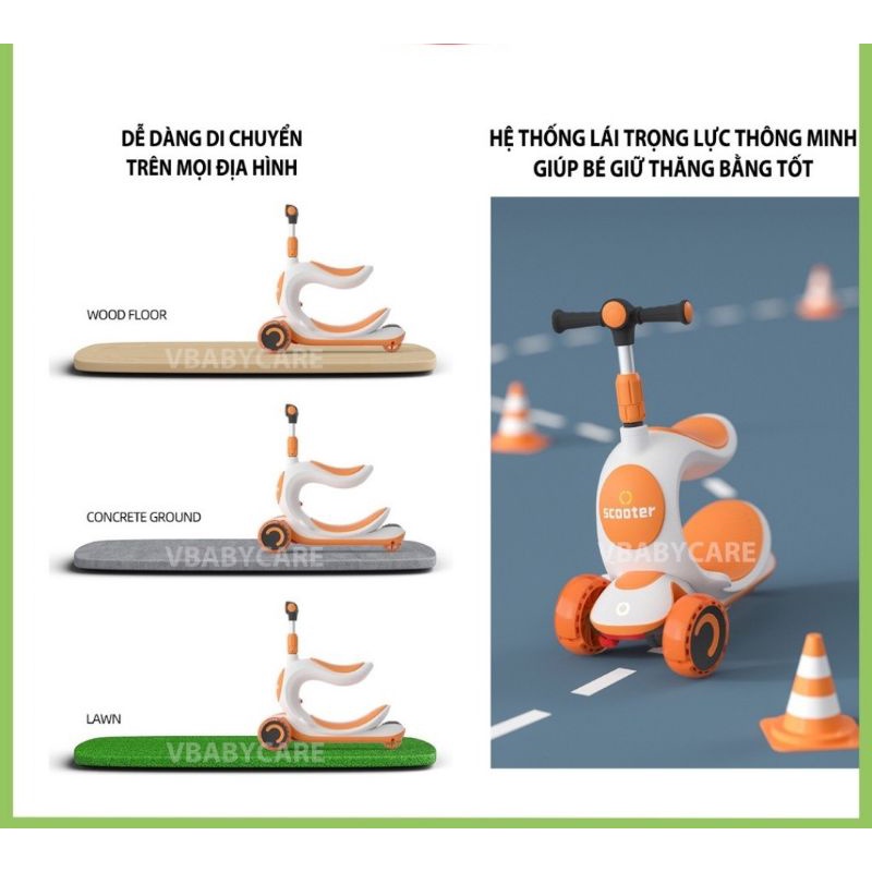 Xe scooter, Xe trượt 3in1 đèn, nhạc, ghế cao cấp chịu lực 70kg cho bé