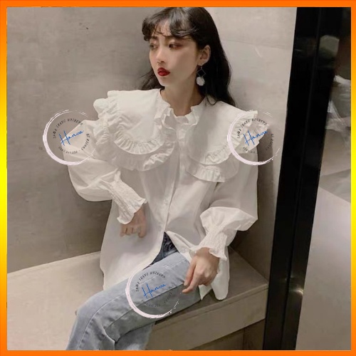 Áo Sơ Mi Trắng Nữ Cổ Bèo 2 Tầng Cách Điệu Tay Bồng Bo Chun Điệu Đà Nữ Tính Hanva
