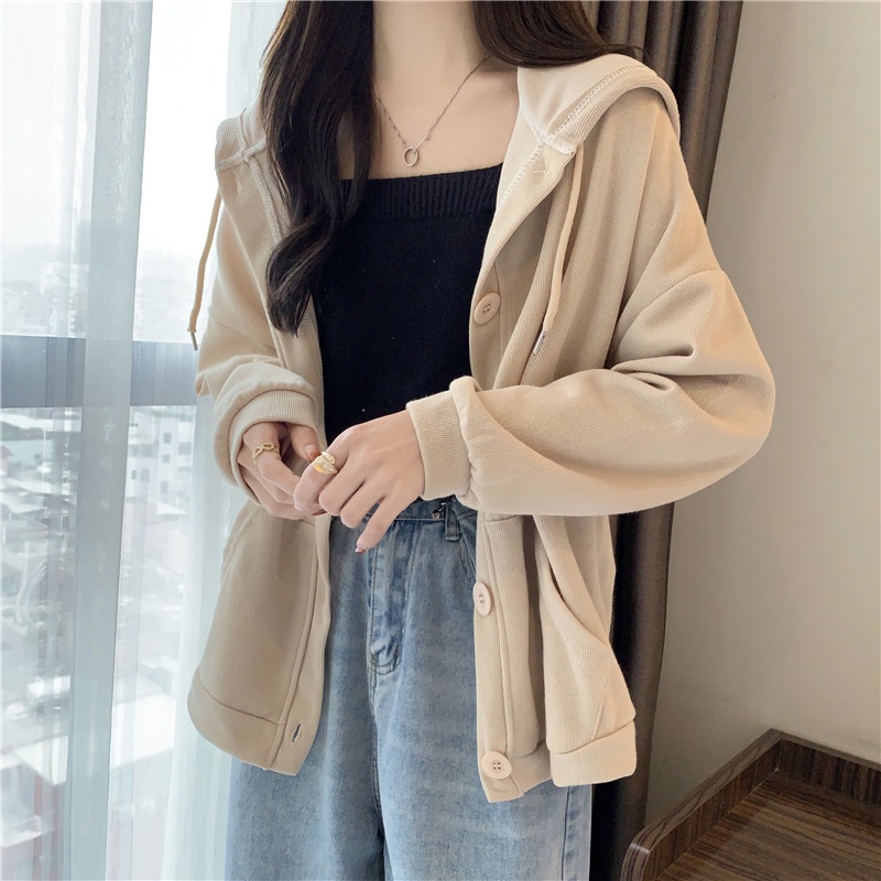 Áo khoác hoodie SUXI tay dài màu sắc đơn giản cho phái nữ