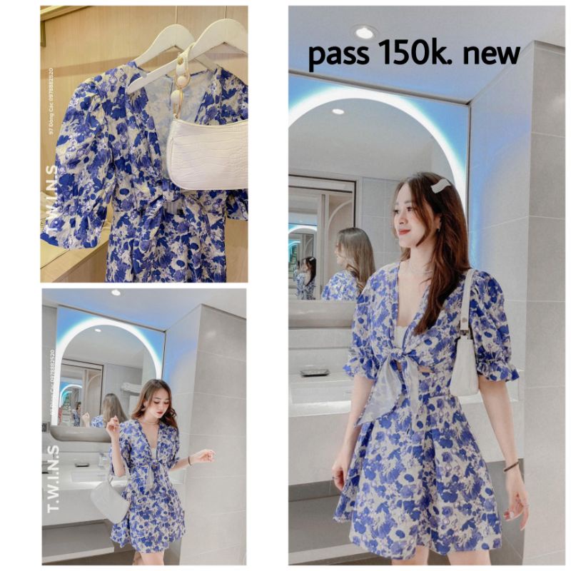 Pass váy hoa xanh cột nơ trước ngực ulzzang twins