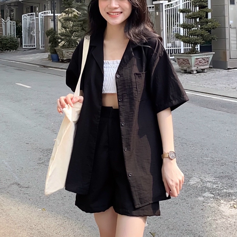 Set Đồ Nữ vải đũi /Sơ Mi Cổ Vest Mix Short Lưng Tây Chất Vải Đũi Phong Cách Ulzzang/ JayStoree2