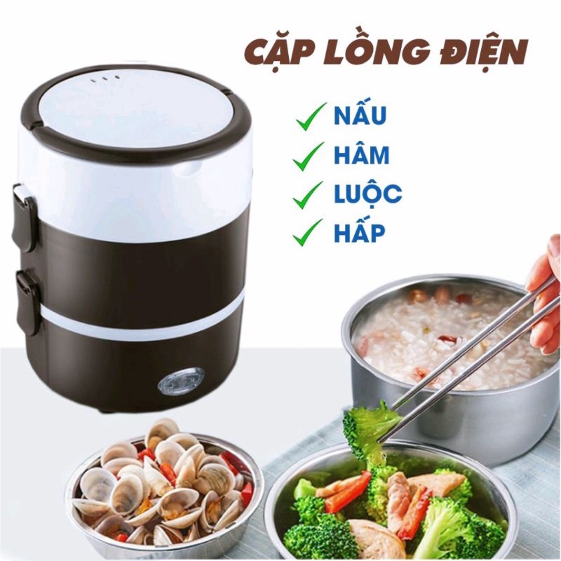 Hộp cơm cắm điện 3 tầng lõi inox hâm nóng thức ăn nhanh Cặp lồng giữ nhiệt cắm điện lõi inox cao cấp