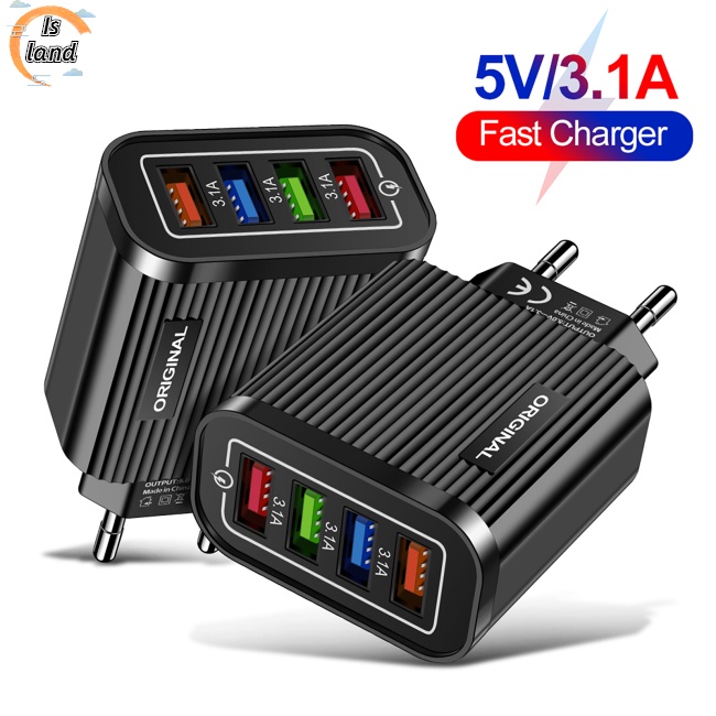 Củ Sạc Nhanh 4 Cổng Usb 5V / 3A Có Đèn Led Phích Cắm US / EU Cho Điện Thoại