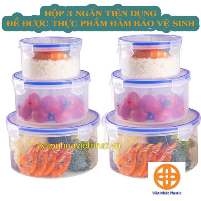 Bộ 3 hộp bảo quản thực phẩm Việt Nhật hộp tròn có nắp gài đựng thức ăn an toàn tiện dụng