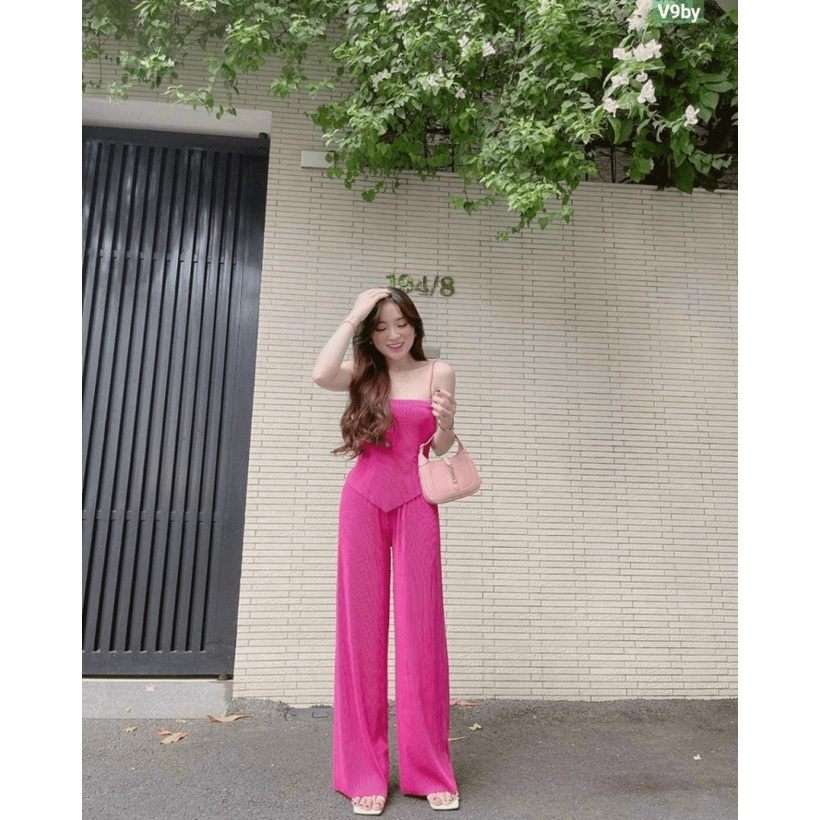 SÉT BỘ NỮ THUN GÂN ÁO HAI DÂY QUẦN DÁNG RỘNG TÔN DÁNG BODY CỰC HOT PU