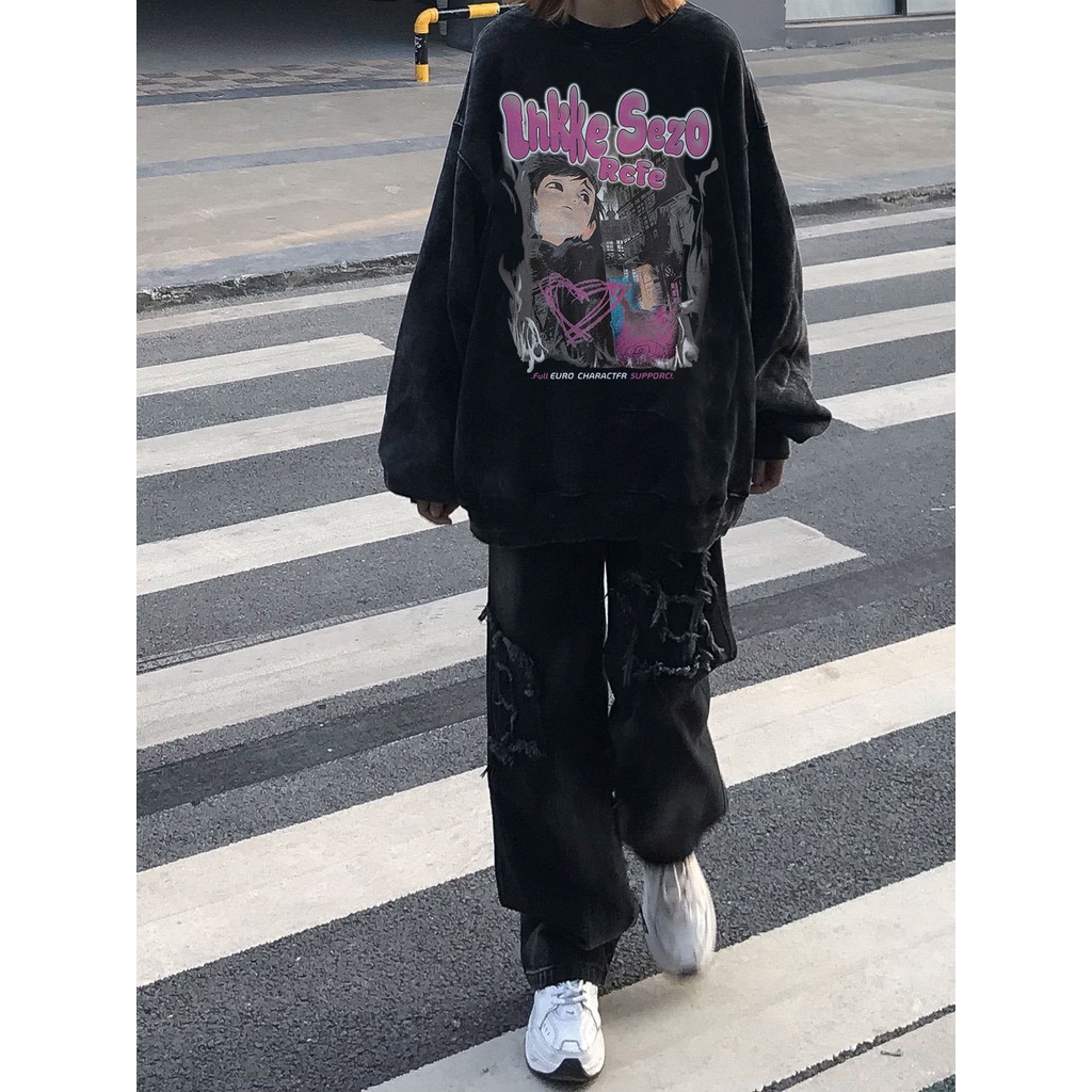 Áo sweater SELVZE cổ tròn dáng rộng in họa tiết phong cách Mỹ cổ điển thời trang cho nữ