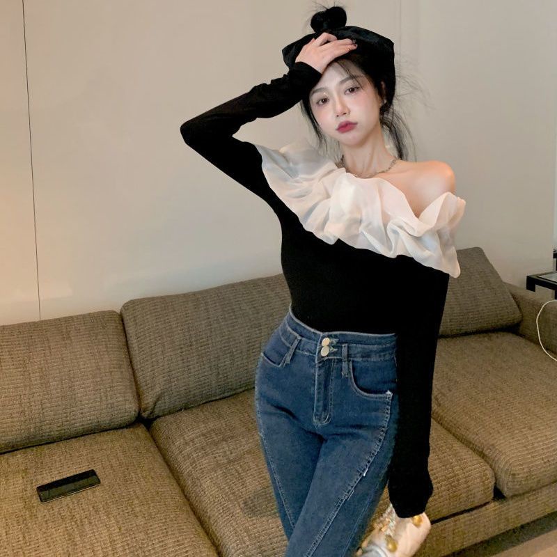 Áo Thun Tay Dài Phối Lưới Cổ Lá Sen Ngọt Ngào Thời Trang Mùa Thu Cho Nữ
