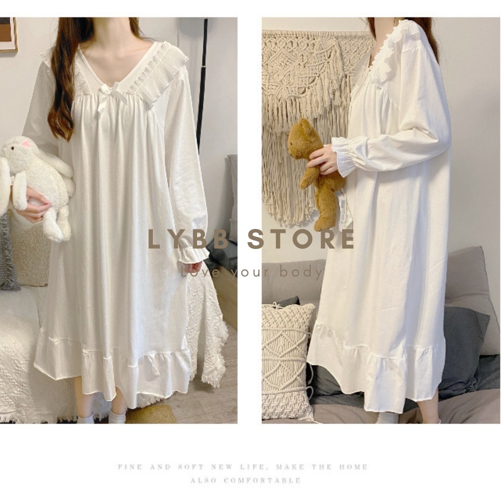 [RẺ VÔ ĐỊCH] Váy đầm ngủ dài tay nữ dáng xuông cổ bèo xếp ly trắng kiểu Pháp, Đồ mặc nhà siêu xinh phong cách retro