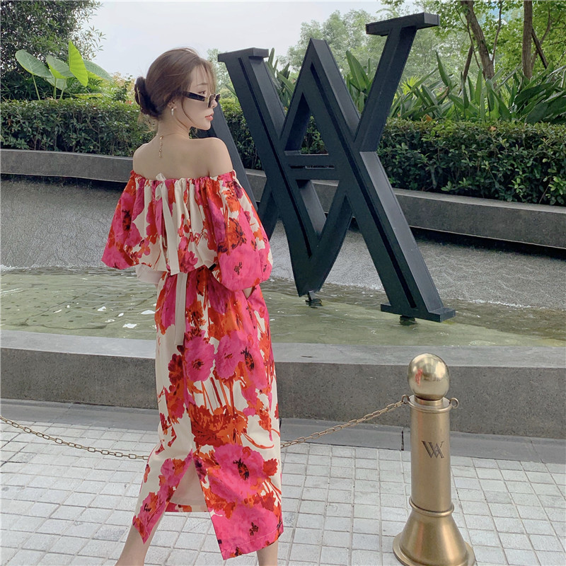 Đầm nữ IELGY tay ngắn trễ vai in họa tiết thanh lịch thời trang