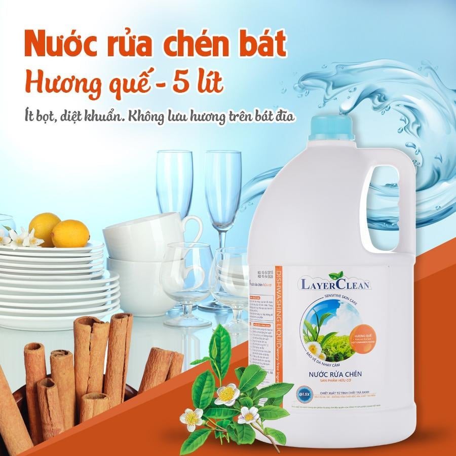 [SALE]Nước Rửa Chén Bát Hữu Cơ LayerClean Hương Quế 5L, An Toàn Cho Bé, Không Hại Da Tay