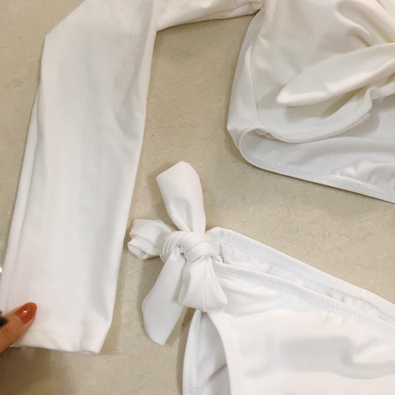 [HÀNG HOT + CHỤP ThẬT] Bikini 2 mảnh màu trắng áo tay dài cột nơ mix quần chip sexy cá tính ་