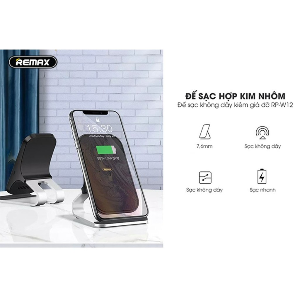 Đế Sạc Không Dây Remax RP-W12 Chuẩn Qi Sạc Nhanh 10W Cho iPhone 12 Pro Max 11 Pro XS X 8P 8 Samsung NOTE 10 S10 S20 Vâng