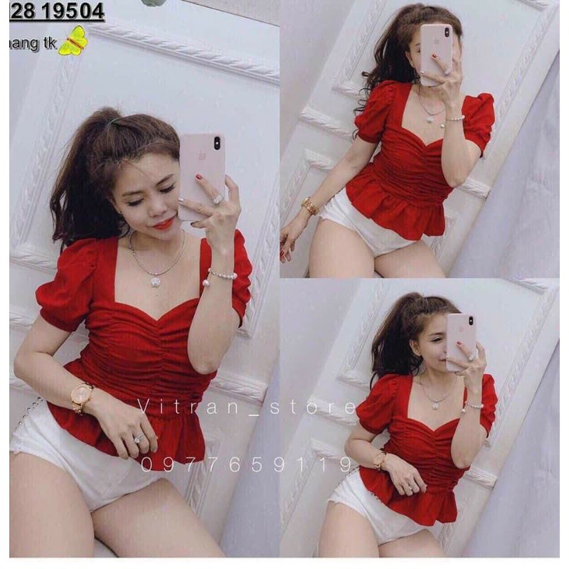 ÁO PEPLUM NHÚN CỔ VUÔNG DÂY KÉO LƯNG - ÁO KIỂU NỮ