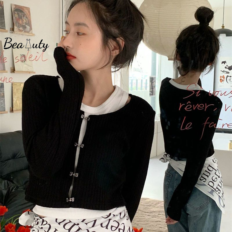 Set Áo Hai Dây Dệt Kim + Áo Khoác Cardigan Màu Đen Dáng Ngắn Thời Trang Quyến Rũ Cho Nữ